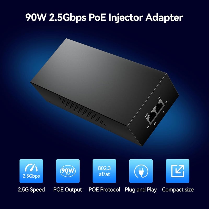 AUMOX PRO 2.5G PoE++ Injector 90W | Convert Non-PoE to PoE Adapter 10/100/1000/2500Mbps | 802.3af/at Compliant | Plug & Play | 100m (328ft) Range (2.5G 90W) - Image 2